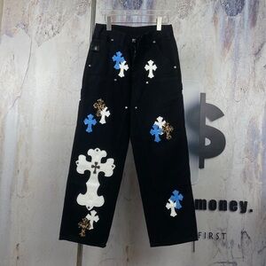 Chrome Hearts Black Jeans with Blue and White Crosses